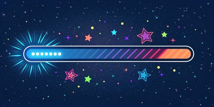Cosmic Journey A loading bar styled with deep cosmic blues and ling starry pixilation filling it from left to right suggesting a spacethemed adventure as neon colors burst around