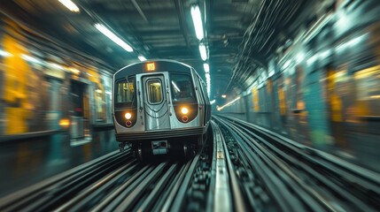 Fototapeta premium A subway train in motion through a blurred underground tunnel.