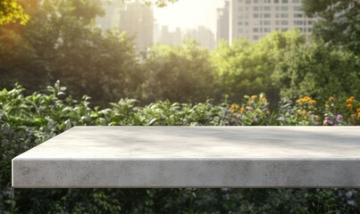 A serene outdoor scene featuring a flat surface surrounded by greenery and flowers.