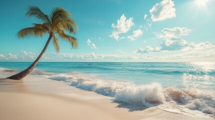 A serene beach scene with a palm tree, gentle waves, and a bright blue sky.