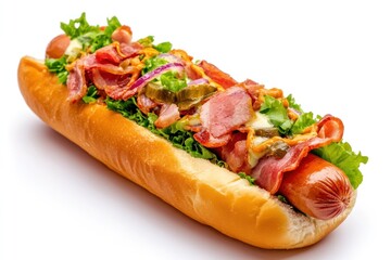 A loaded hot dog topped with bacon, lettuce, cheese, and peppers in a bun.