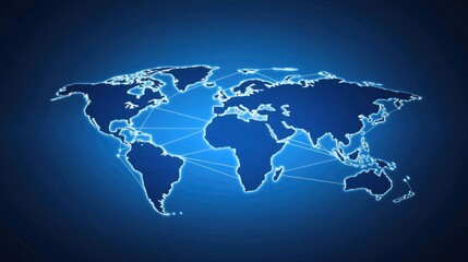 Obraz premium A digital world map illuminated in blue, showcasing global connectivity through a network of lines connecting various regions.