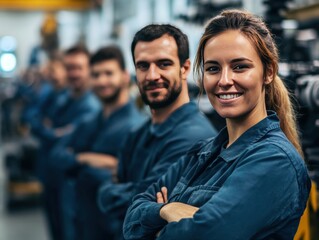 Obraz premium Confident industrial workers standing in a row on the factory floor