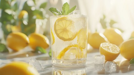 Refreshing Lemon Soda in a Glass with Ice