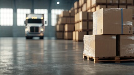 A busy warehouse scene featuring stacked cardboard boxes on pallets, with a delivery truck parked in the background, indicating shipping and logistics activities.