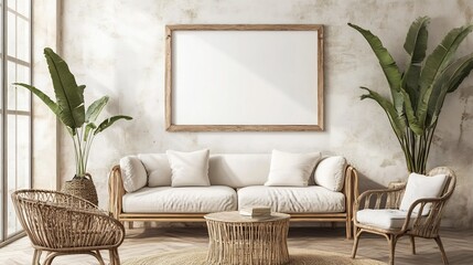 Bohemian Chic Living Room: 3D Render of a Tranquil Interior Space. AI Generated