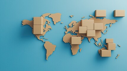 A stylized world map made of cardboard boxes against a blue background, symbolizing logistics, shipping, and global trade.