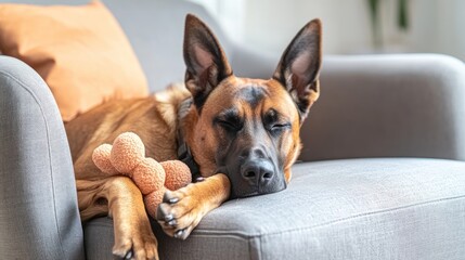 Obraz premium A relaxed dog sleeping on a couch with a toy.