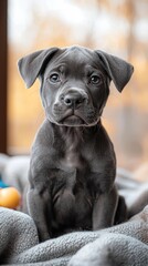 Adorable Blue Pitbull Puppy Sitting On Blanket