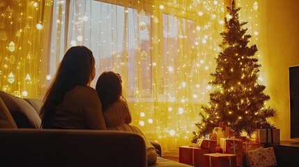 yellow warm curtain made of LED garlands Warm yellow light creates a mesmerizing flickering effect that fills the living room space with a soft golden