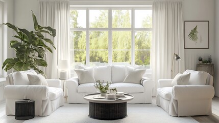Serene White Living Room Design: 3D Render of Modern Interior with Garden View. AI Generated