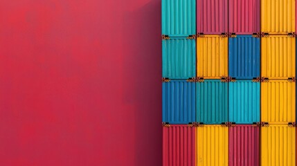 A vibrant arrangement of colorful shipping containers against a solid red wall, showcasing industrial design and urban aesthetics.