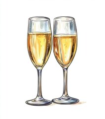 Two Elegant Champagne Flutes Filled with Sparkling Golden Beverage on a White Background, Perfect for Celebration, Toasts, and Special Occasions