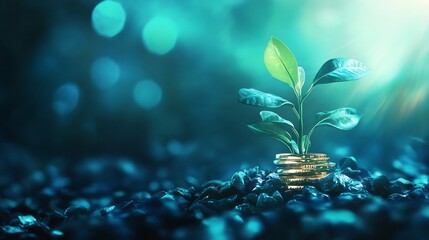 Financial Growth: A Plant Sprouting from Coins in a Mystical Forest. AI Generated