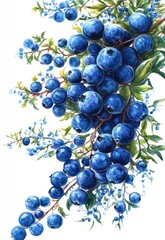 Lush and Vibrant Blueberries with Delicate Green Leaves and Berries, Perfect for Illustrating Freshness, Nature, and Organic Themes in Design Projects and Culinary Works