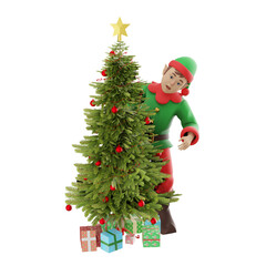 Christmas-Themed Kids Elf 3D Model. A Male  Kids Elf stands behind the Christmas tree, with a smiling expression. Cartoon Character