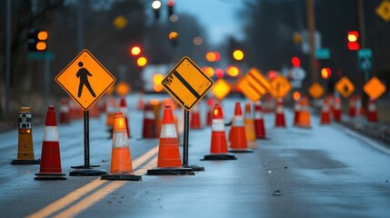 Road construction scene with traffic cones and warning signs in a wet environment.