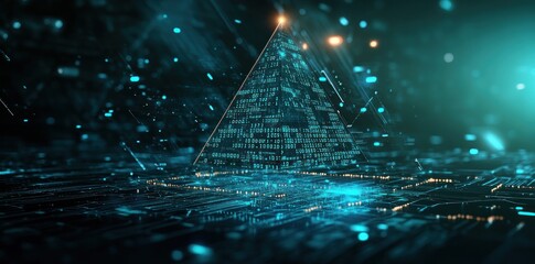 A futuristic pyramid composed of binary code amidst a digital landscape.