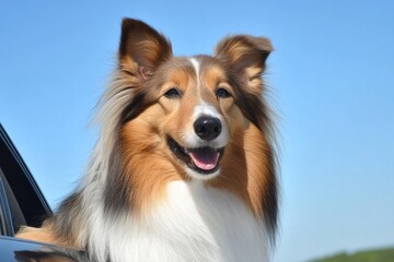 A happy collie dog with a joyful expression, enjoying a ride with its head out of the car window.