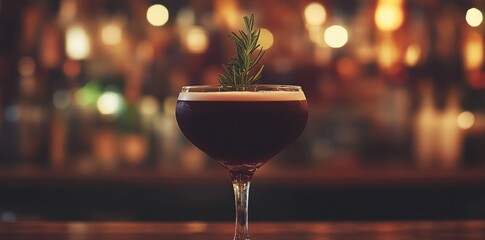 A cocktail garnished with rosemary, set against a softly blurred bar background.