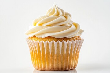 A delicious cupcake topped with creamy frosting, perfect for dessert or celebrations.