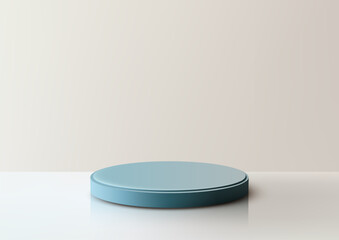 3D Cylindrical Blue Podium on White Surface with Shadow Cast on Wall for Minimal Product Display and Mockup