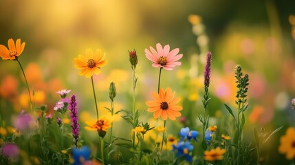 Fototapeta premium A vibrant field of colorful wildflowers in full bloom, showcasing nature's beauty.