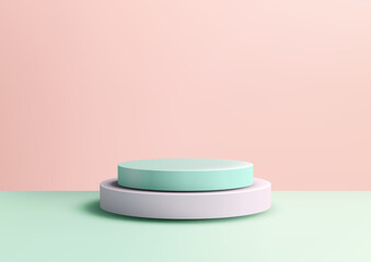 3D Mint Green and Pink Cylindrical Podium on Light Green Surface with Soft Pastel Background for Product Display and Mockup Showcases