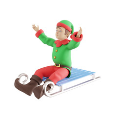 Festive Kids Elf 3D Model. A Male Kids Elf sits on a skateboard with both hands open upwards, a happy expression. Holiday Cartoon Design