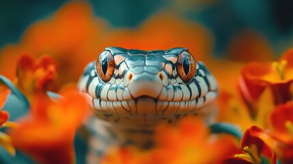 Fototapeta premium A close-up of a snake among vibrant orange flowers, showcasing nature's beauty.