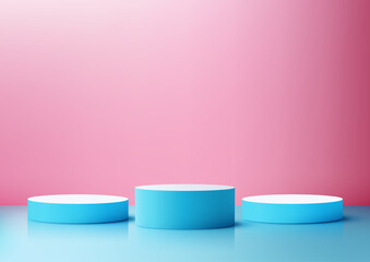3D Blue Cylindrical Podium on Minimalist Pink and Blue Background for Modern Product Display Mockups