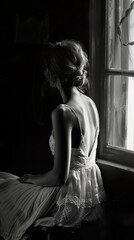 Obraz premium Black and White Portrait of a Woman in a Lace Dress Sitting by a Window