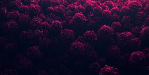 A dense field of deep red roses creates a romantic and serene atmosphere.