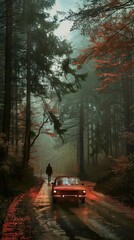 A solitary figure walks down a foggy forest road, a red car parked nearby. The autumn leaves create a vibrant contrast against the misty backdrop.