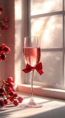 Elegant Glass of Rose Wine With Festive Bow on Sunny Windowsill, Romantic Celebration Concept