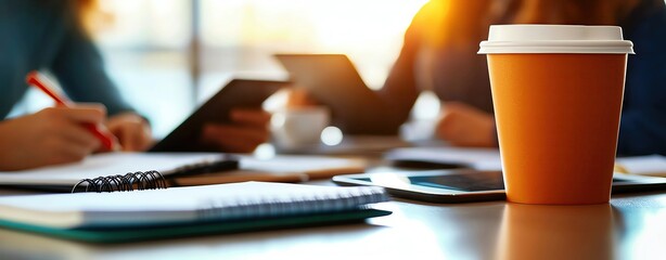 Creative Discussions Over Coffee Team Brainstorming Session A corporate team reviewing project plans in an airport lounge, notebooks, and coffee cups on the table Workspace Productivity Moments