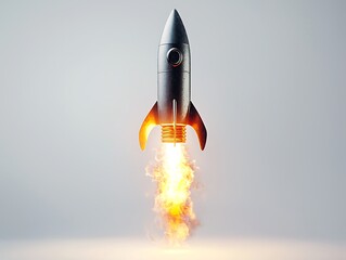 A rocket takes off, emitting bright flames, symbolizing innovation, exploration, and the advancement of technology.