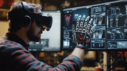 engineer wearing VR glasses and manipulating a 3D model of robot hand for industry. The engineer is The studio is equipped with multiple screens, electronics and and the robot hand design