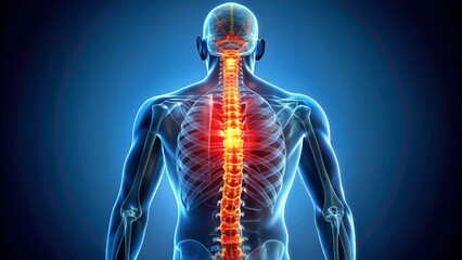 Surreal X-ray of a Human Spine with Highlighted Injury Points, Showcasing Spinal Cord Medical Imaging in Vivid Red Markings for Pain Hotspots in a 3D Rendered Format