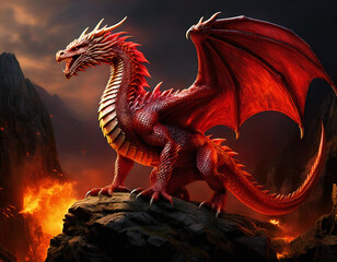 a red winged dragon, standing on a rock. flames background