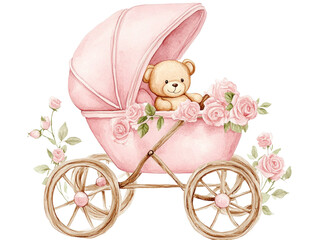 Cute Baby Carriage with Teddy Bear and Roses