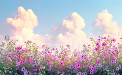 Fototapeta premium A vibrant field of flowers under a pastel sky with fluffy clouds.