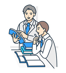 Obraz premium 教科書を使って勉強を教える先生。真剣に学ぶ男子生徒のイラスト素材。