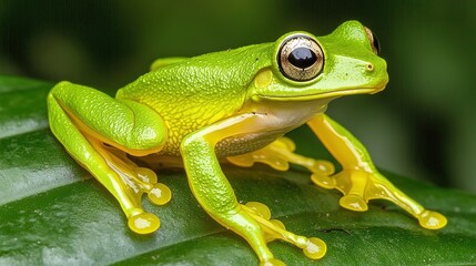 Fototapeta premium Vibrant green tree frog perched on a leaf.
