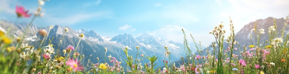 Obraz premium A scenic view of colorful wildflowers in a mountainous landscape under a bright blue sky.