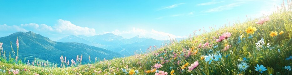A vibrant meadow filled with colorful flowers and mountains under a clear blue sky.