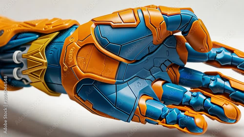 Poster An advanced robotic hand is displayed against a neutral backdrop, featuring intricate mechanical details and a striking orange and blue color scheme, highlighting modern engineering techniques.
