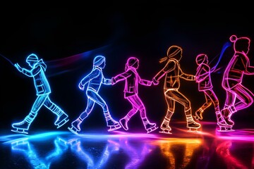 A captivating visual representation of children ice skating with neon light trails in a stunning winter wonderland, set against a black backdrop.