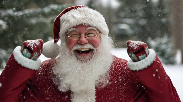 Santa Claus standing joyfully with a big smile, iconic red suit and white beard, on a snowy white background.