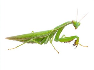 Close-up View of a Vibrant Green Praying Mantis Captured on a White Background, Highlighting Its Intricate Features and Nature&rsquo;s Amazing Camouflage Abilities